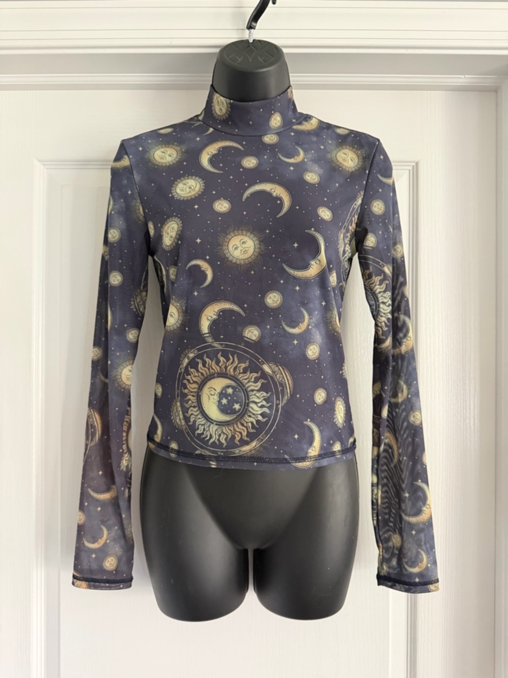 Forever 21 Navy Celestial Print High Neck Long Sleeve Mesh Top - Picture 2 of 7